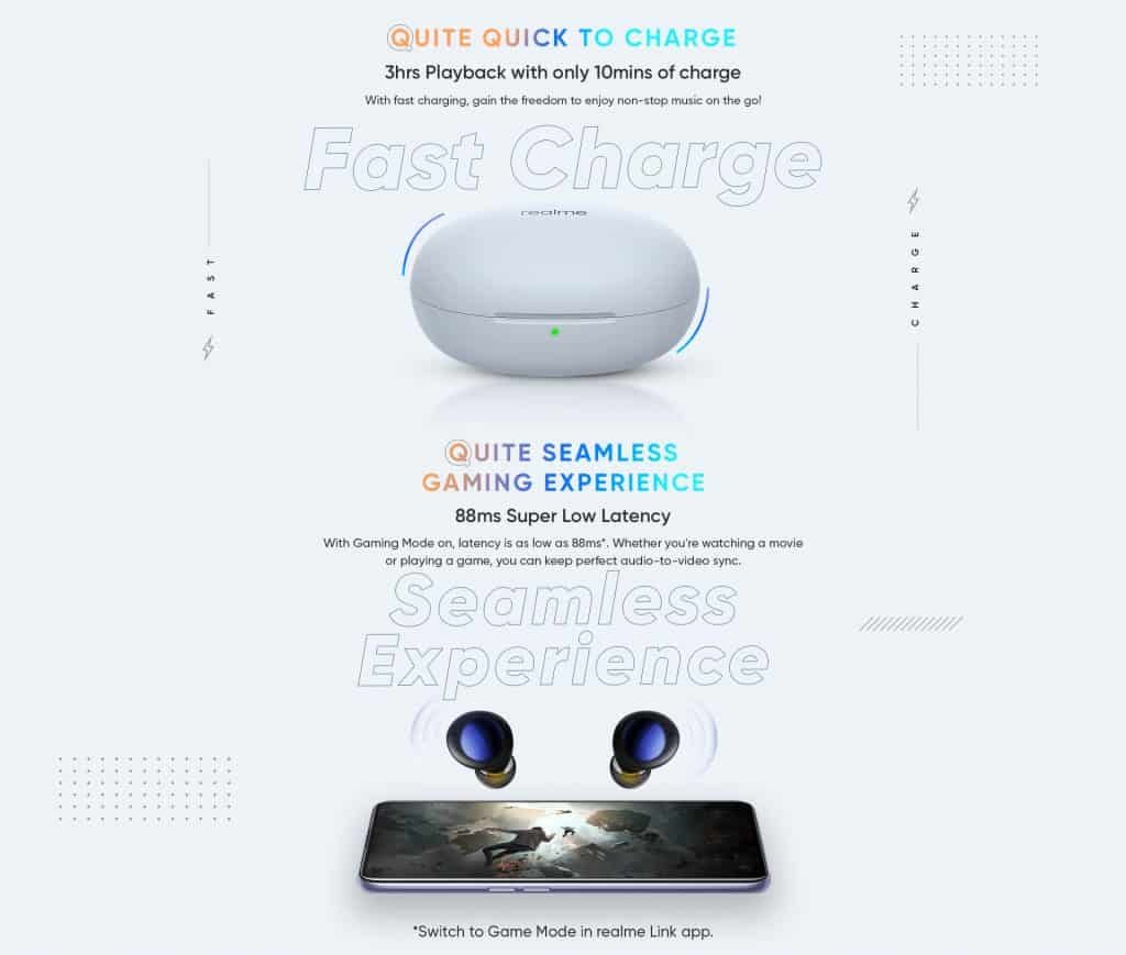 realme buds Q2 game Mode and Fast Charging